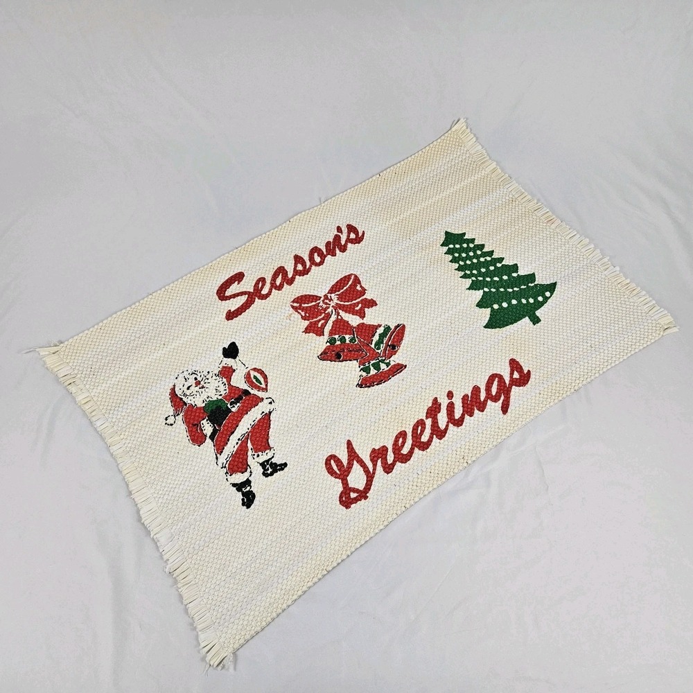 Vintage Retro Christmas Rug Mat Santa Seasons Greetings Decor Woven MCM - Picture 2 of 10